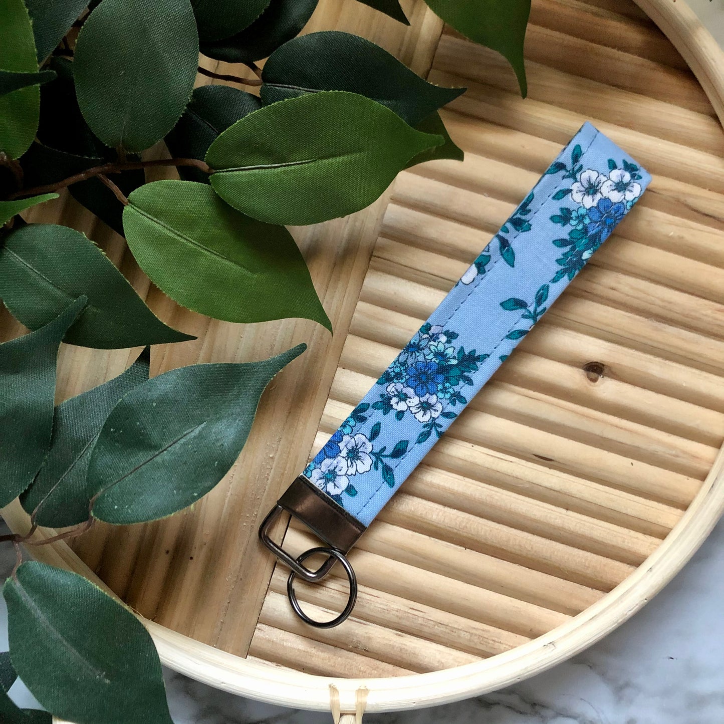 Blue Cottage Floral Print Fabric Wristlet Keychain, Key Fob