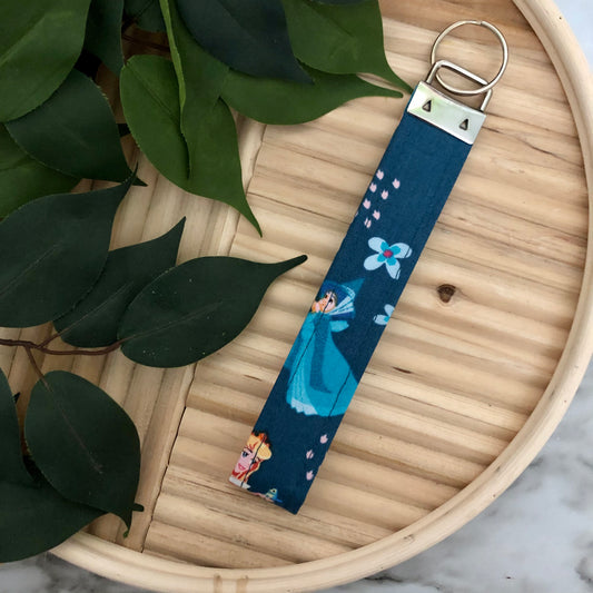 Sleeping Beauty Print Fabric Wristlet Keychain, Key Fob