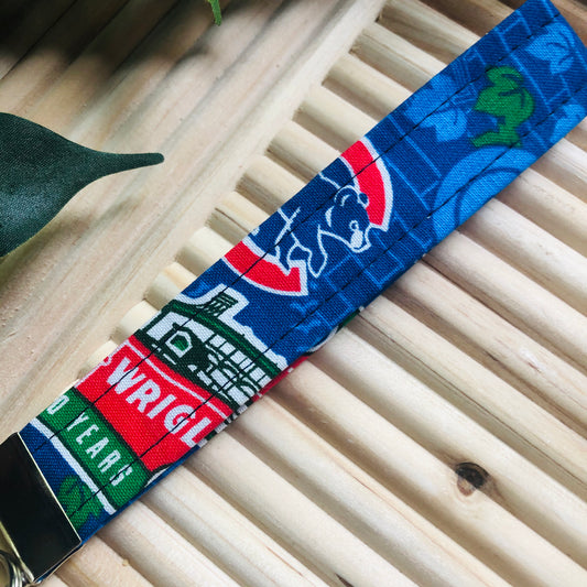 Chicago Cubs Baseball Wrigley Field Print Fabric Wristlet Keychain, Key Fob