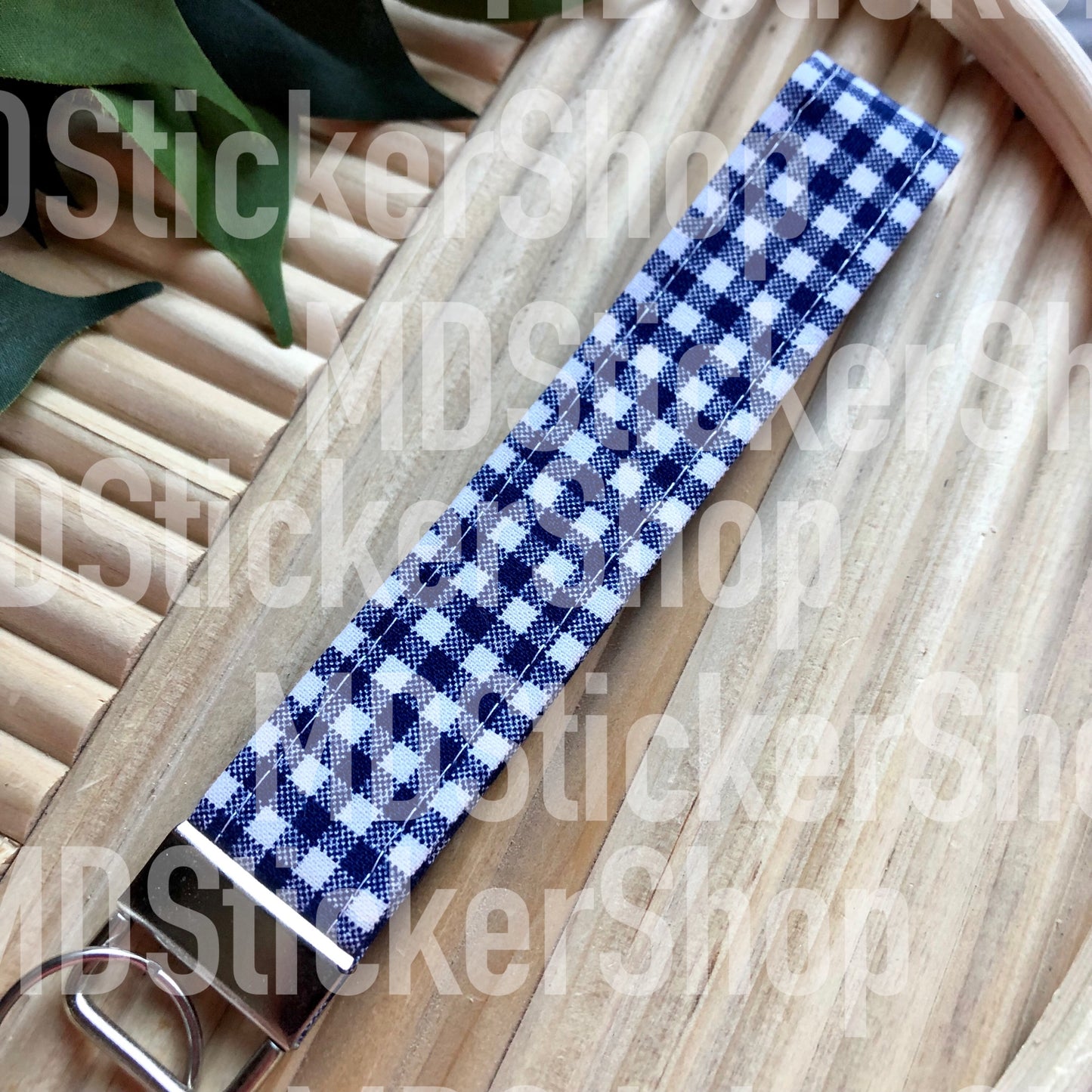 Navy Gingham Print Fabric Keychain