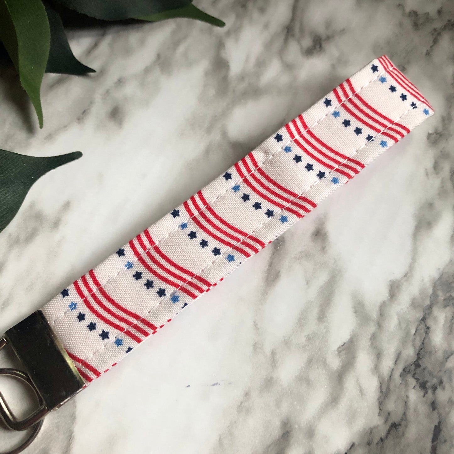 White Swirled Stars and Stripes Patriotic Print Fabric Wristlet Keychain, Key Fob