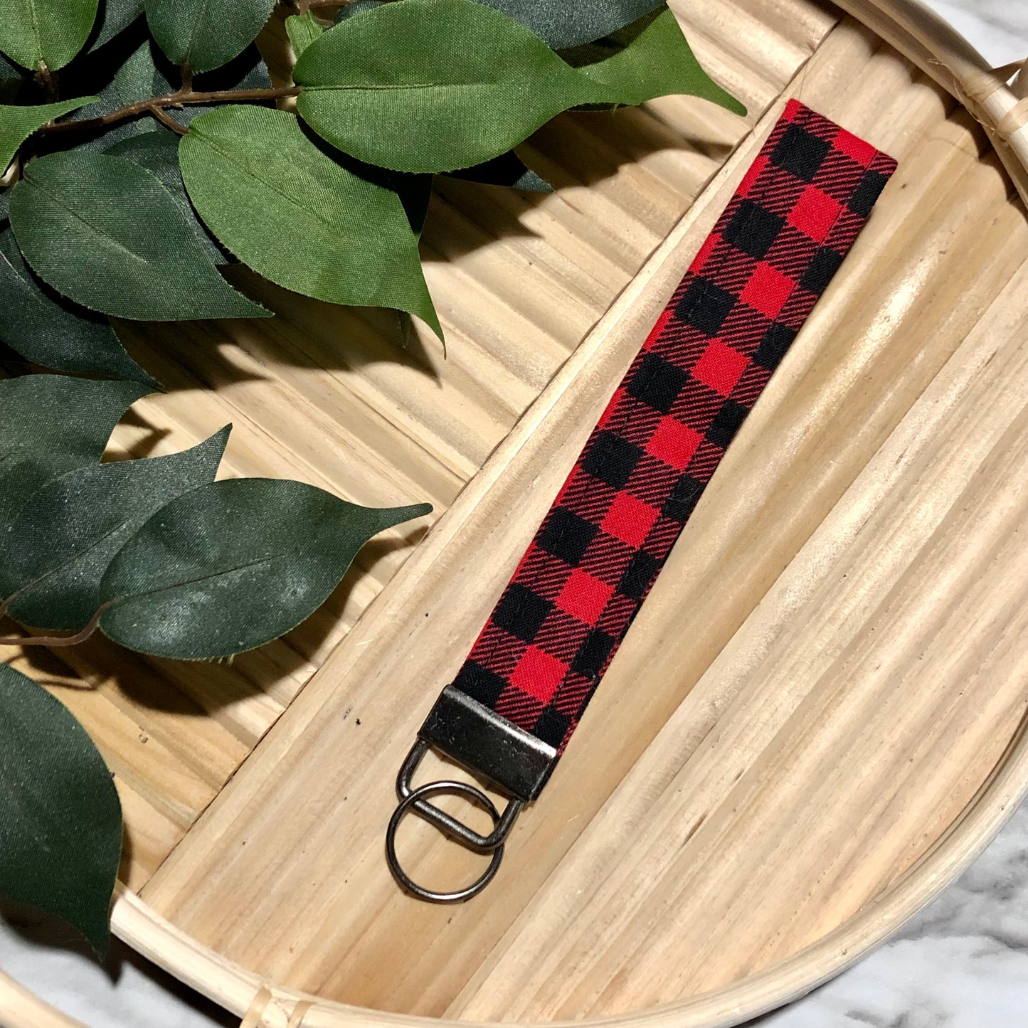 Black and Red Plaid Print Fabric Wristlet Keychain, Key Fob
