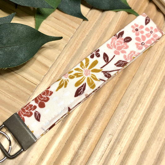 Mauve Party Florals Print Fabric Wristlet Keychain, Key Fob
