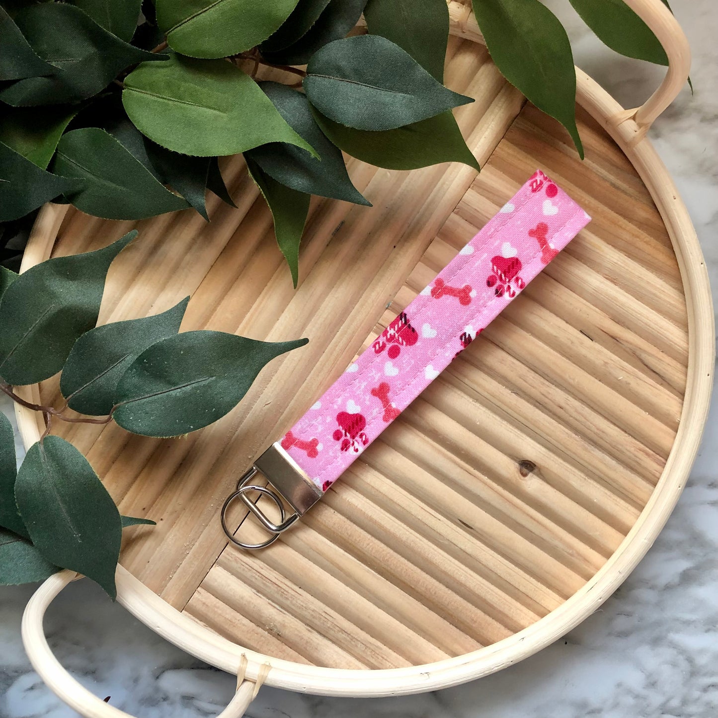 Pink Puppy Love Print Fabric Wristlet Keychain, Key Fob