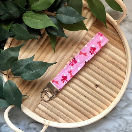 Pink Puppy Love Print Fabric Wristlet Keychain, Key Fob