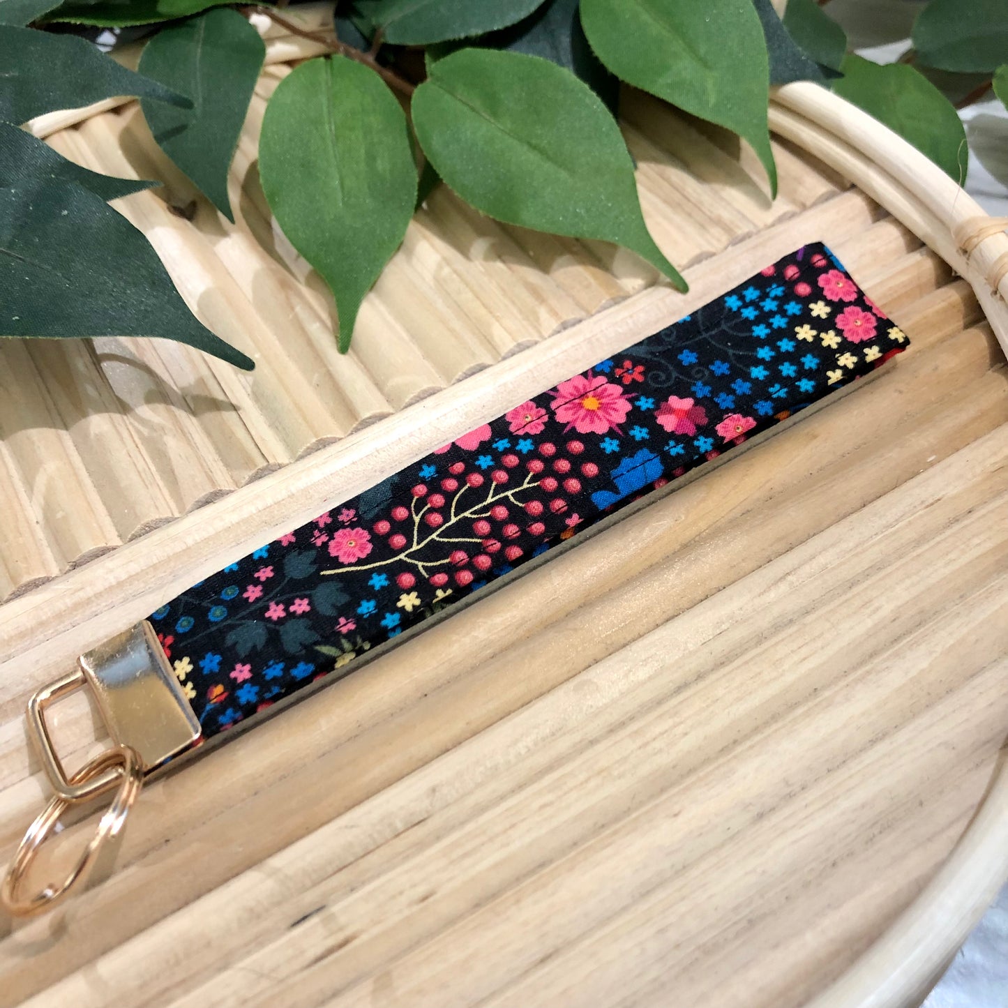 Bright Garden Floral Print Fabric Keychain, Key Fob
