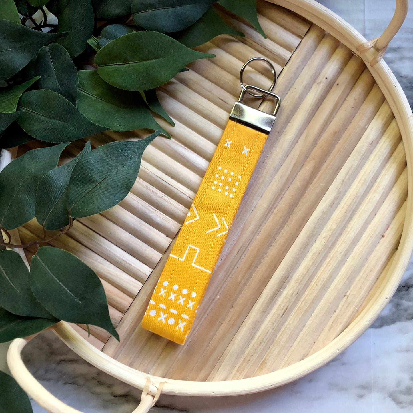 Mustard Mudcloth Inspired Print Fabric Wristlet Keychain, Key Fob