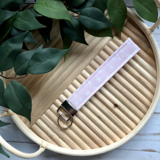 Light Pink Dot Print Fabric Wristlet Keychain, Key Fob