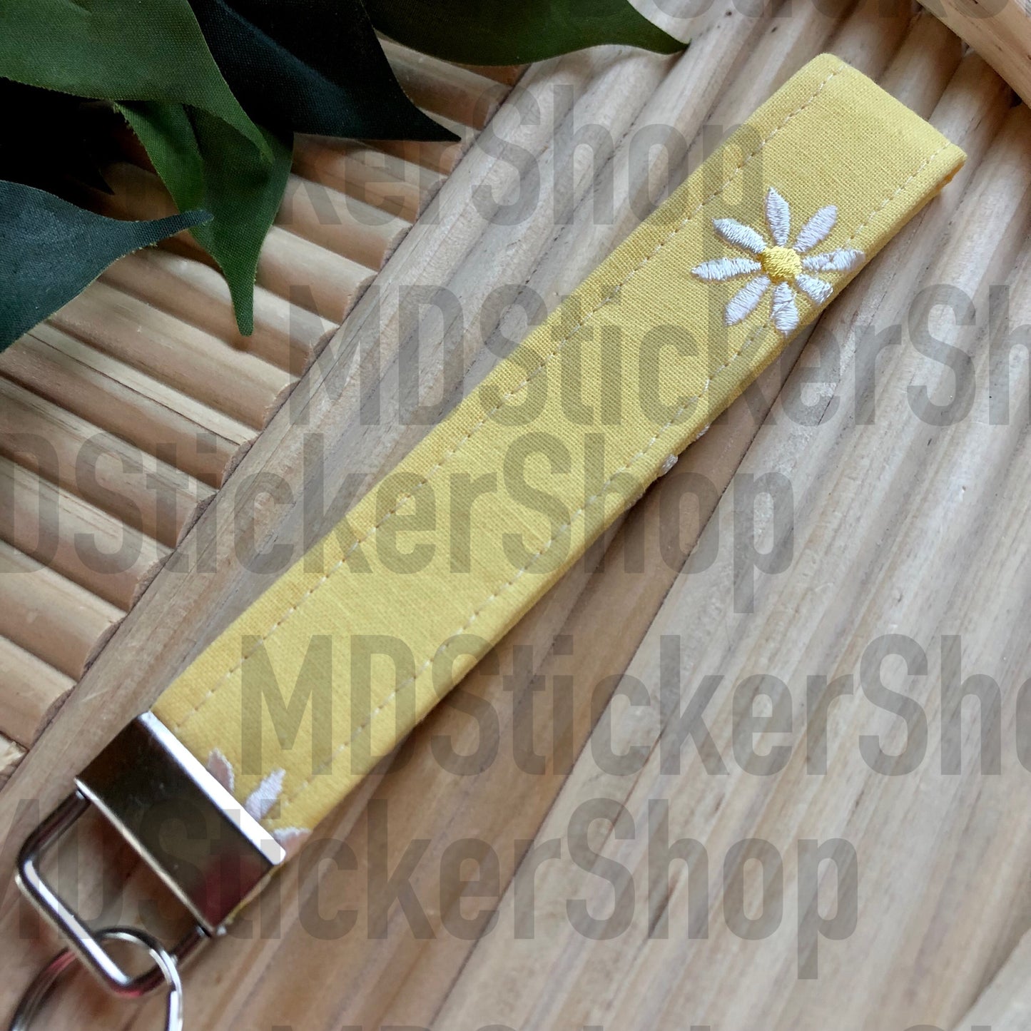 Yellow Embroidered Daisy Print Fabric Keychain