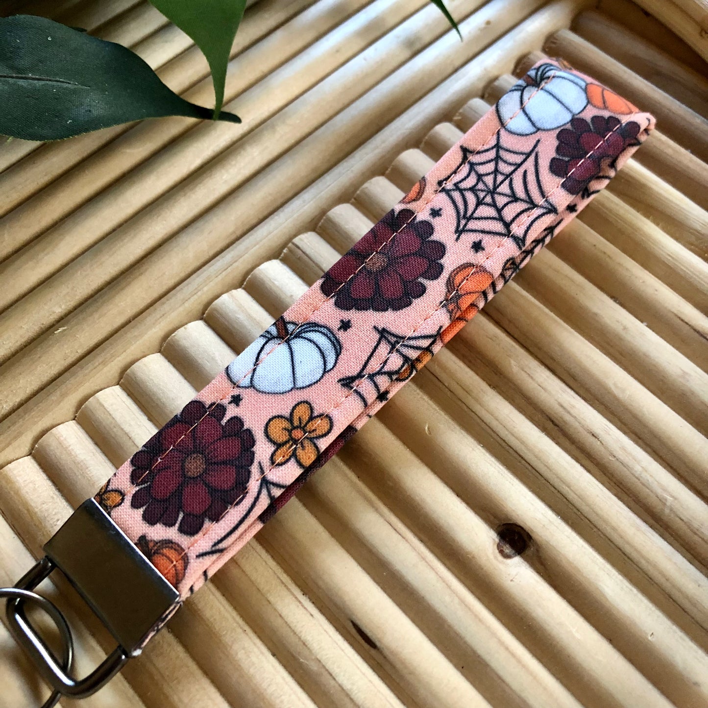Fall Floral Pumpkin Print Fabric Keychain, Key Fob