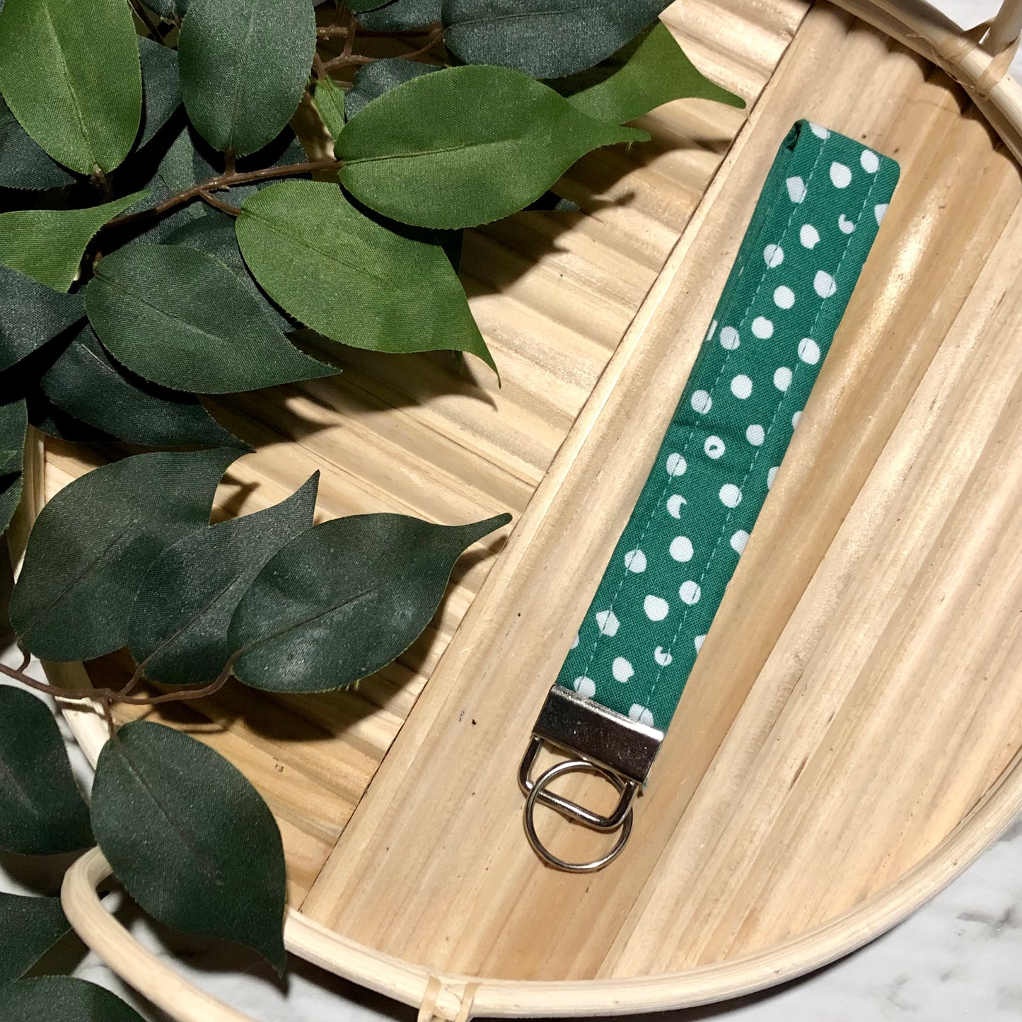 Green and White Dot Print Fabric Wristlet Keychain, Key Fob