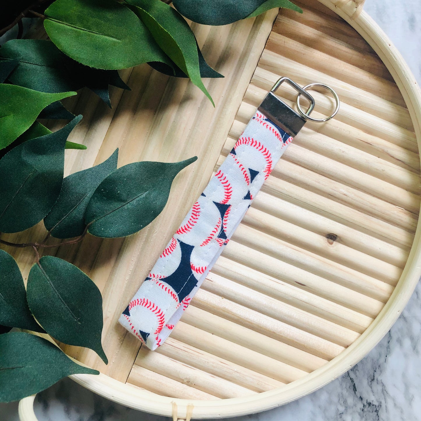 Navy Baseball Print Fabric Wristlet Keychain, Key Fob