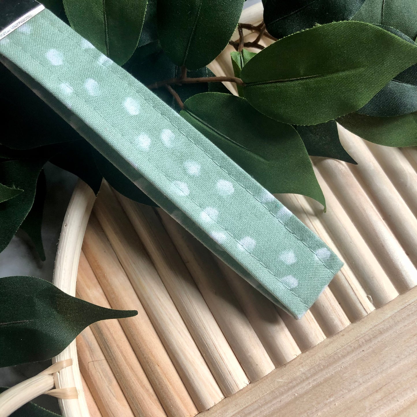 Green and White Dot Print Fabric Wristlet Keychain, Key Fob
