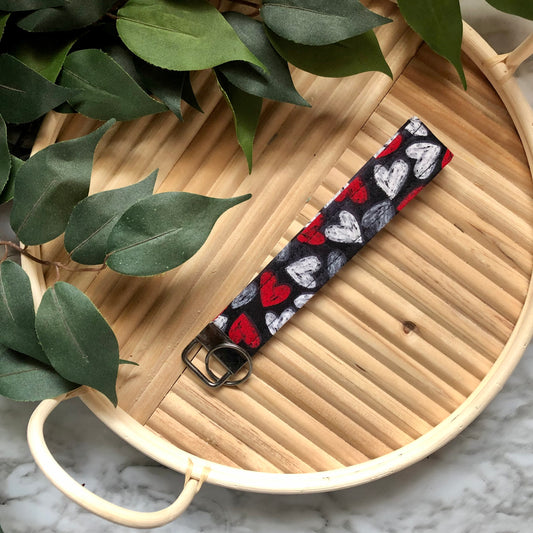 Black Chalky Hearts Print Fabric Wristlet Keychain, Key Fob