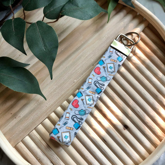 Grey Medical Print Fabric Wristlet Keychain, Key Fob