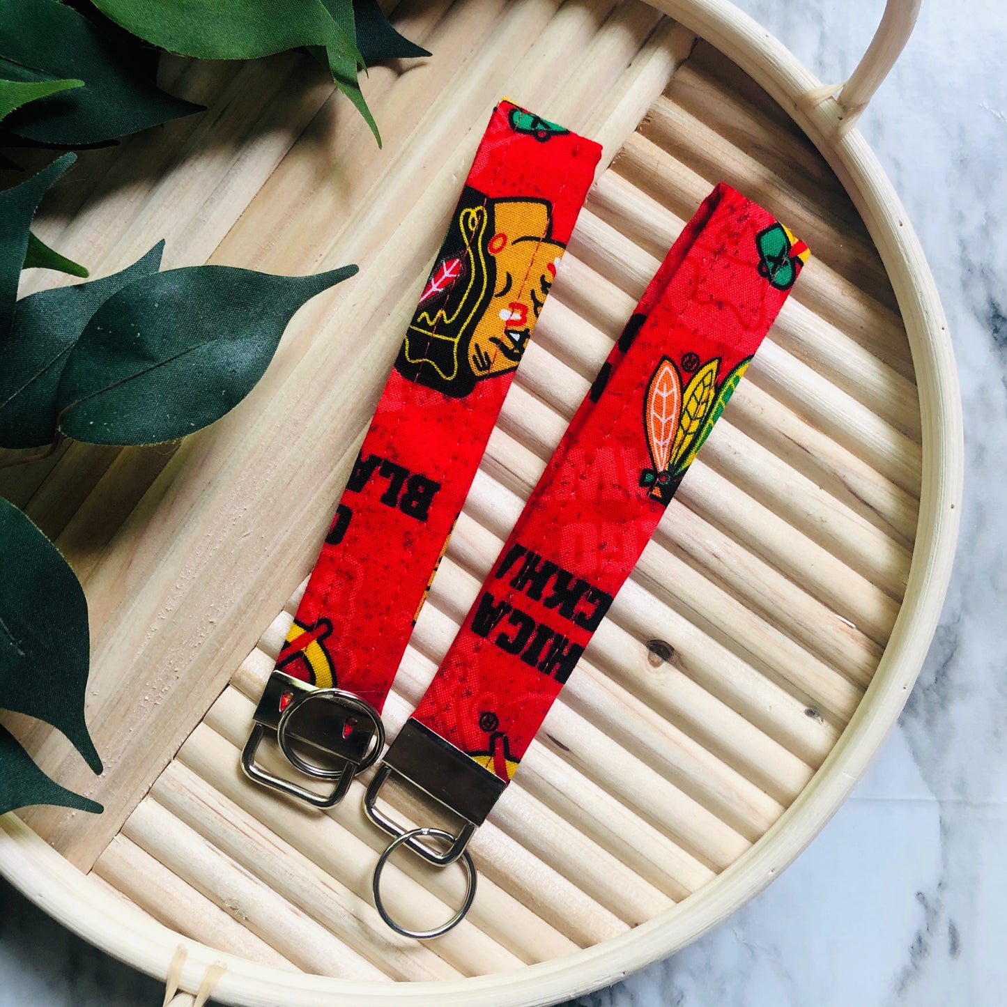 Chicago Blackhawks Hockey Red Print Fabric Wristlet Keychain, Key Fob