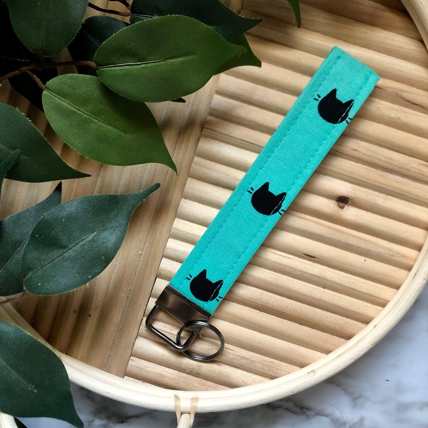 Turquoise Cat Head Print Fabric Wristlet Keychain, Key Fob