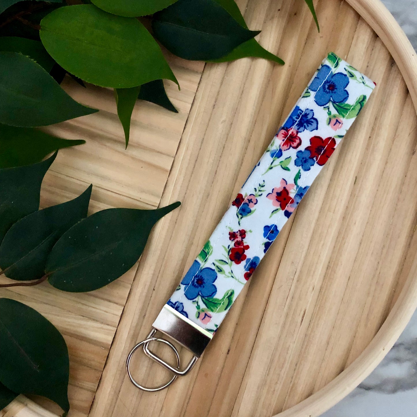Country Floral Print Fabric Wristlet Keychain, Key Fob