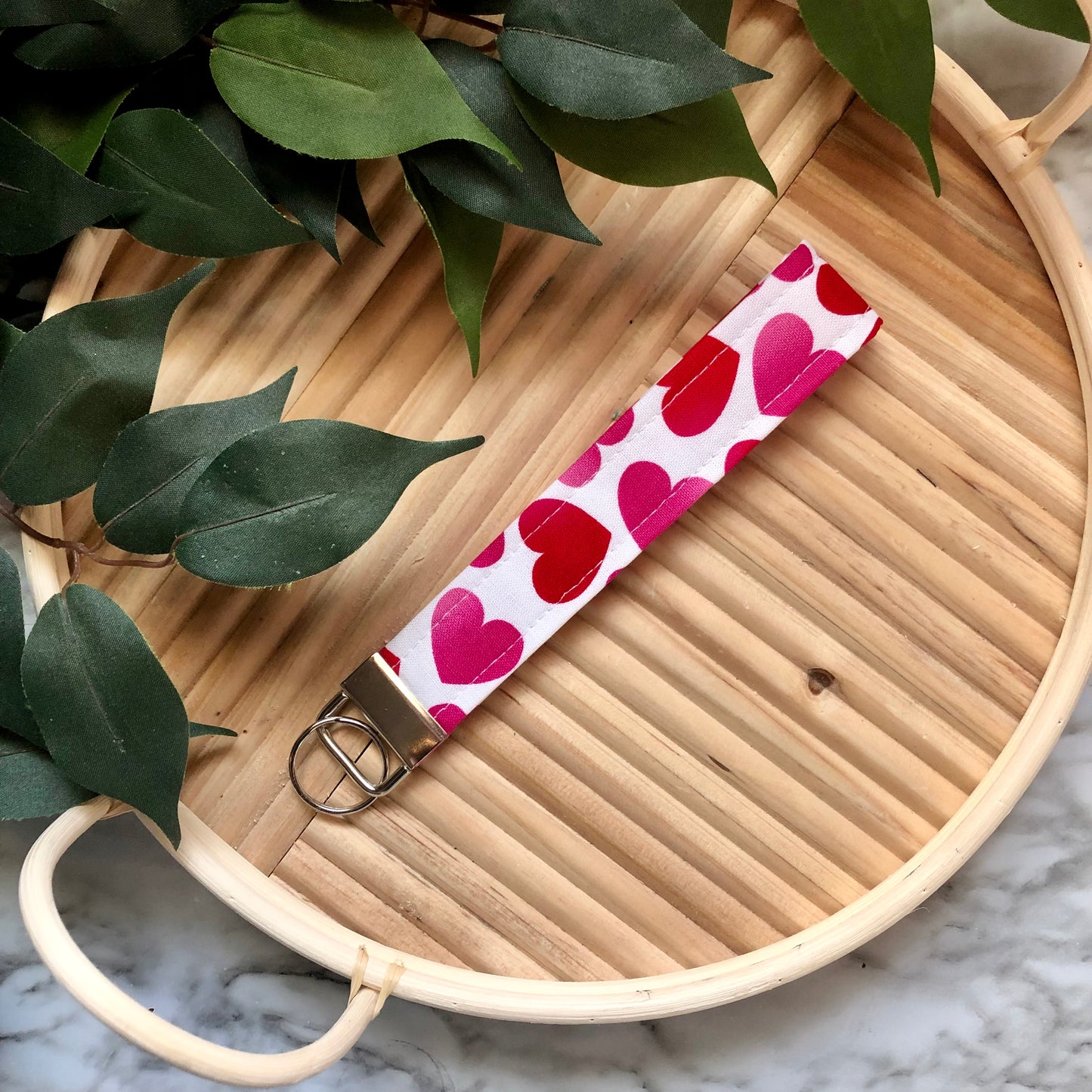 Red and Pink Ombre Heart Print Fabric Wristlet Keychain, Key Fob