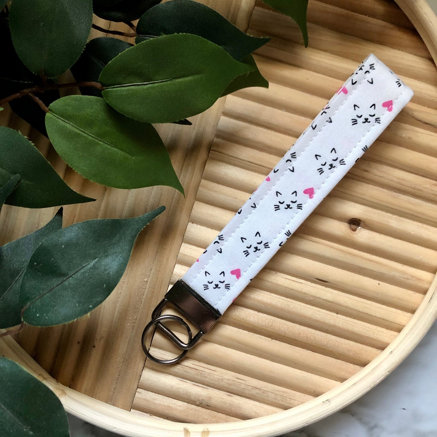 Kitty Face Print Fabric Wristlet Keychain, Key Fob