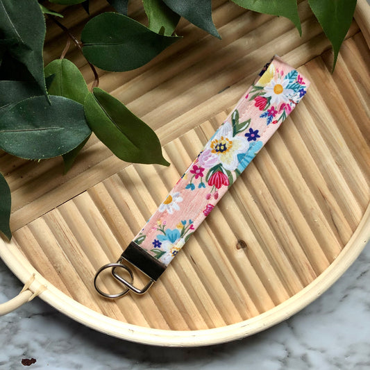 Peachy Floral Print Fabric Wristlet Keychain, Key Fob