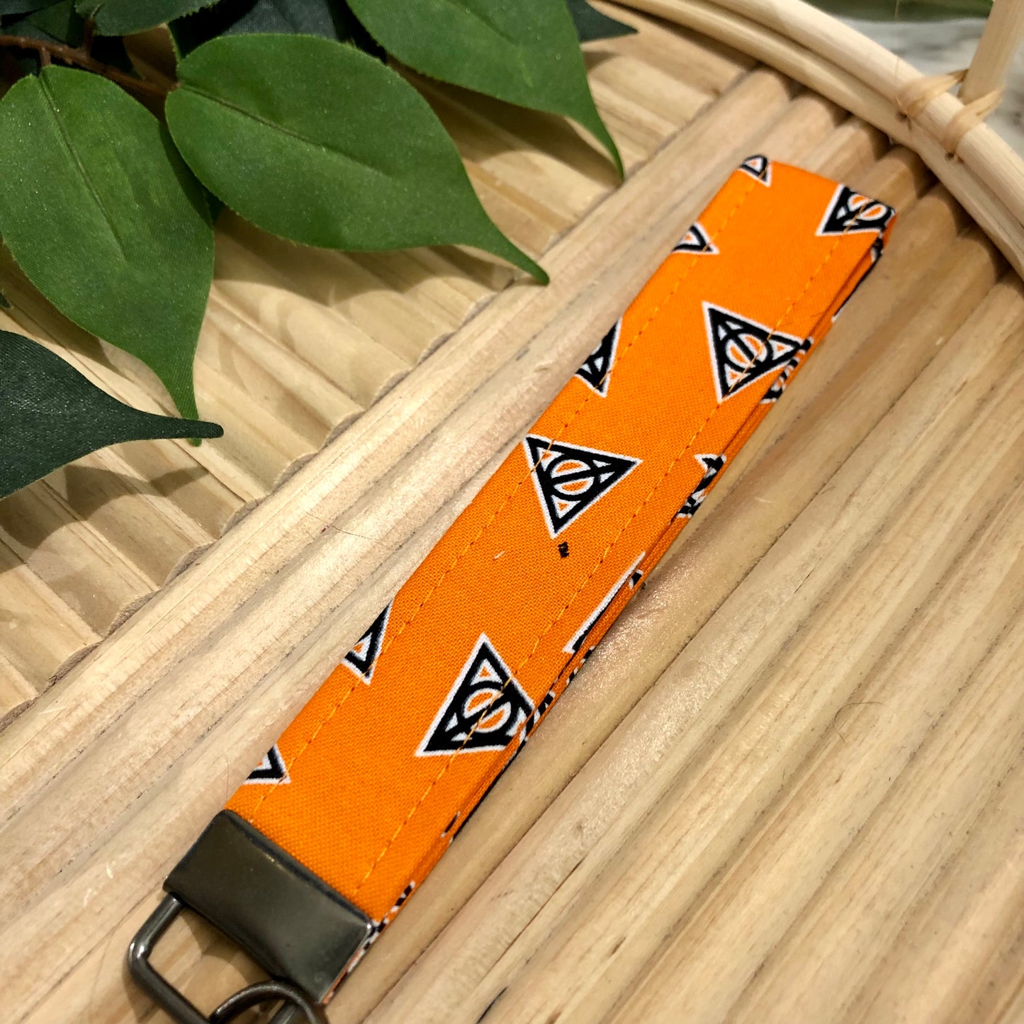 Orange Deathly Hallows Print Fabric Keychain, Key Fob