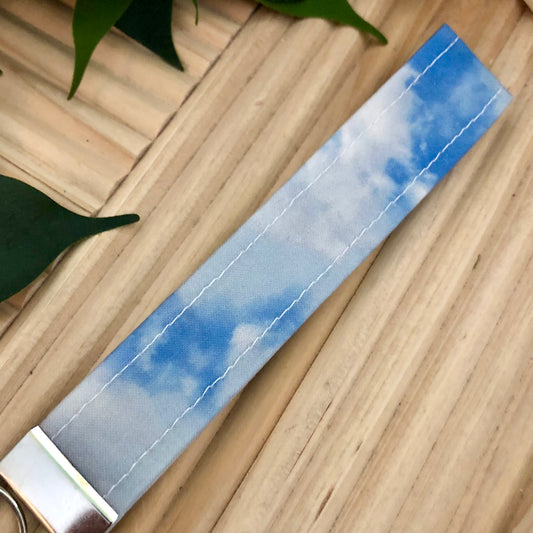 Cloudy Sky Print Fabric Wristlet Keychain, Key Fob