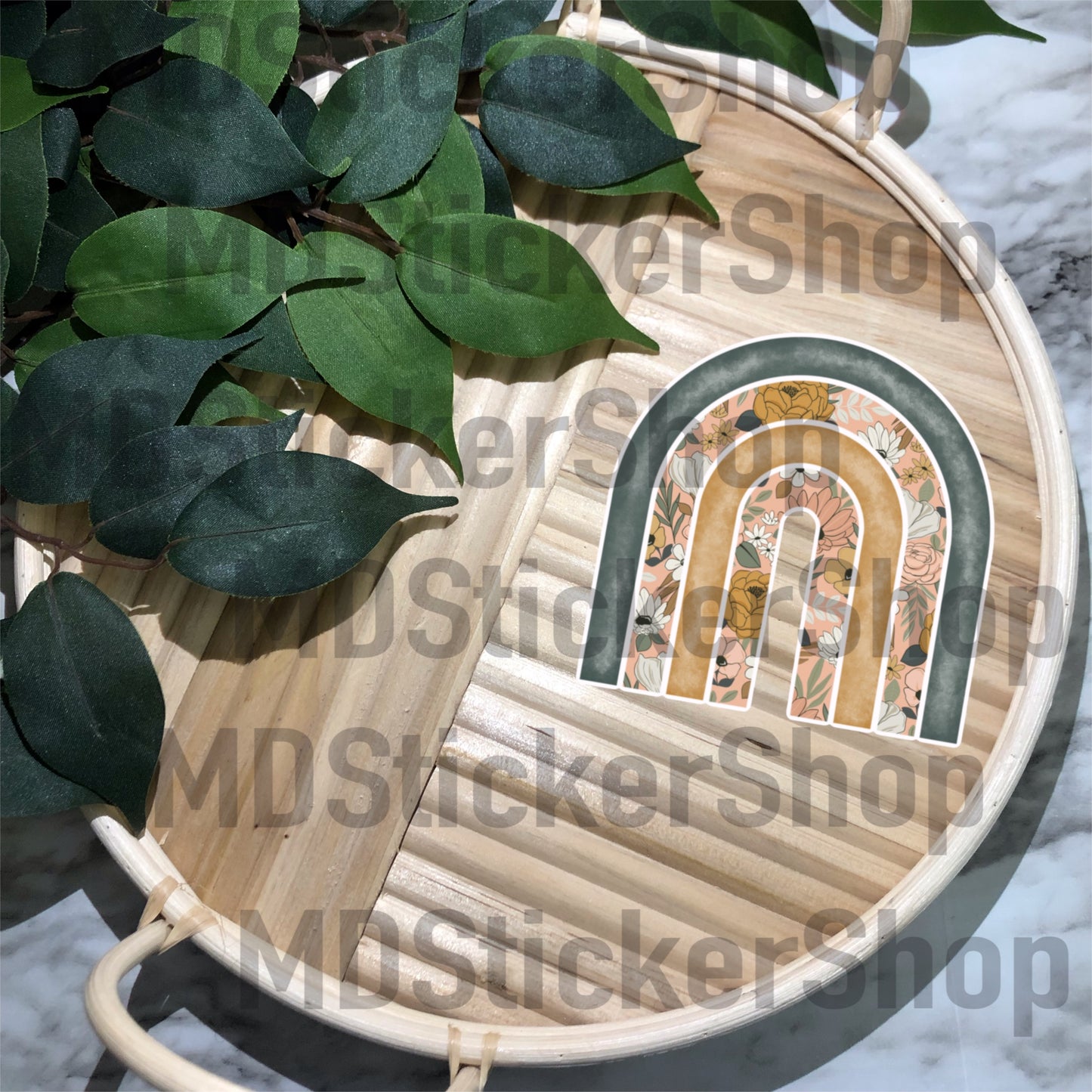 Peach/Blue Floral Rainbow Vinyl Sticker