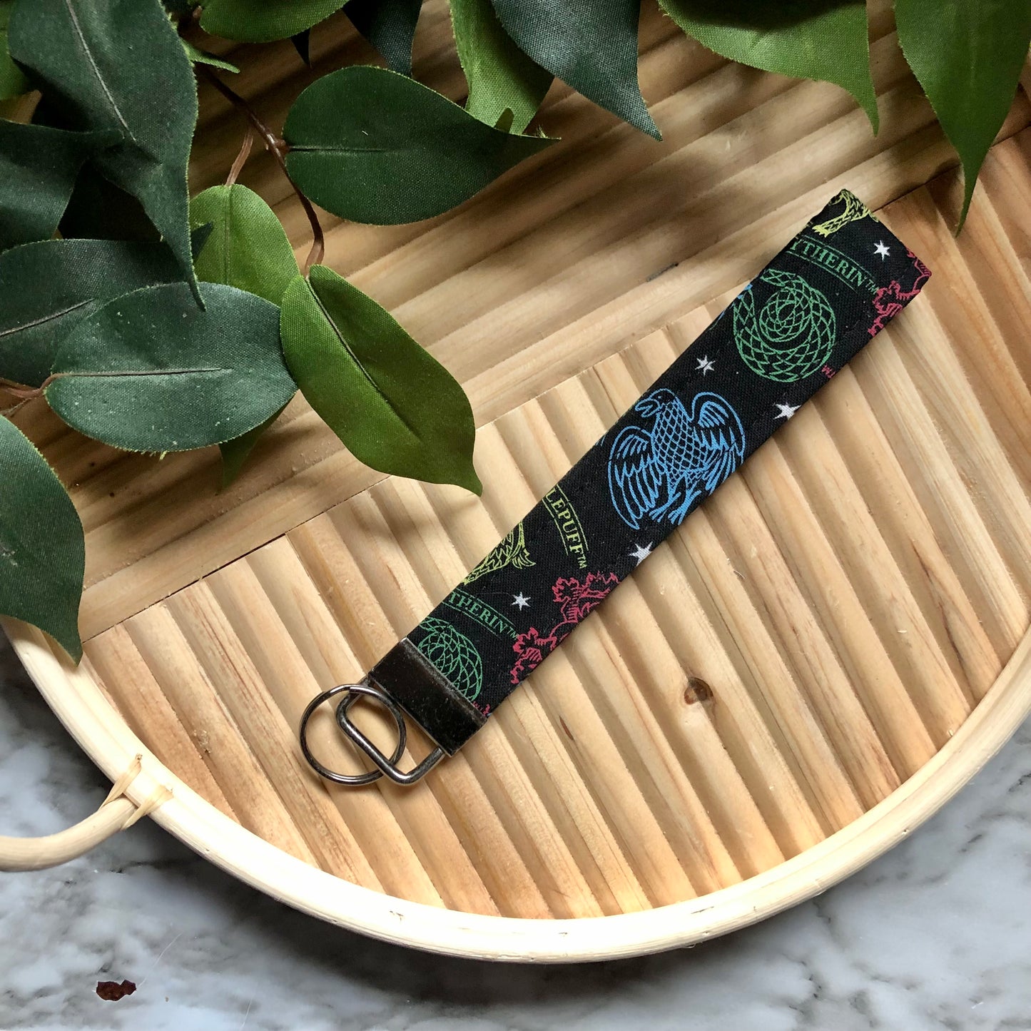 Black Harry Potter House Print Fabric Wristlet Keychain, Key Fob