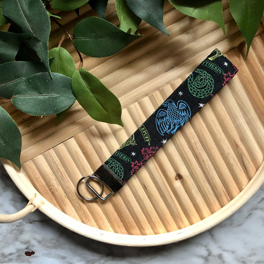 Black Harry Potter House Print Fabric Wristlet Keychain, Key Fob