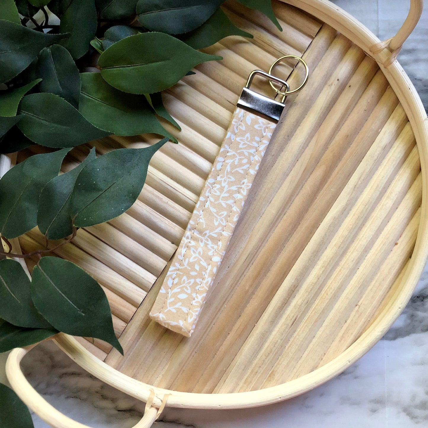 Cream Vine Print Fabric Wristlet Keychain, Key Fob