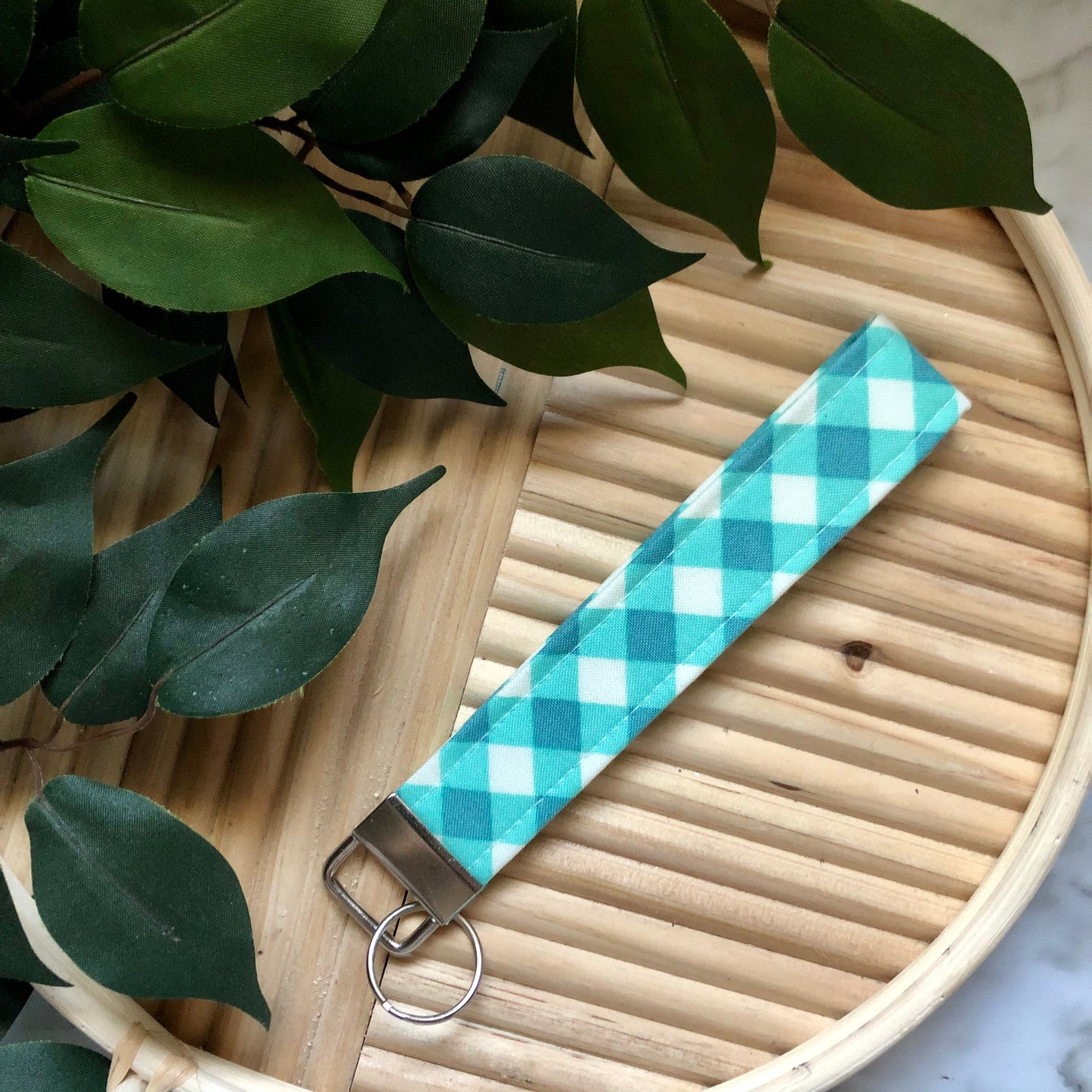 Blue Cross Gingham Print Fabric Wristlet Keychain, Key Fob