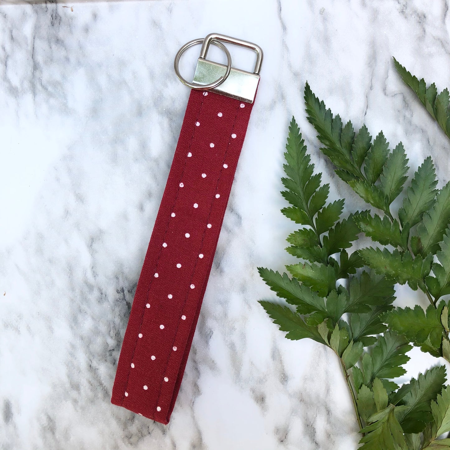 Maroon and White Polka Dot Print Wristlet Keychain, Key Fob