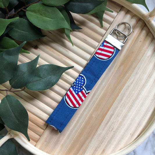 Navy Patriotic Mouse Print Wristlet Keychain, Key Fob, Mickey Mouse