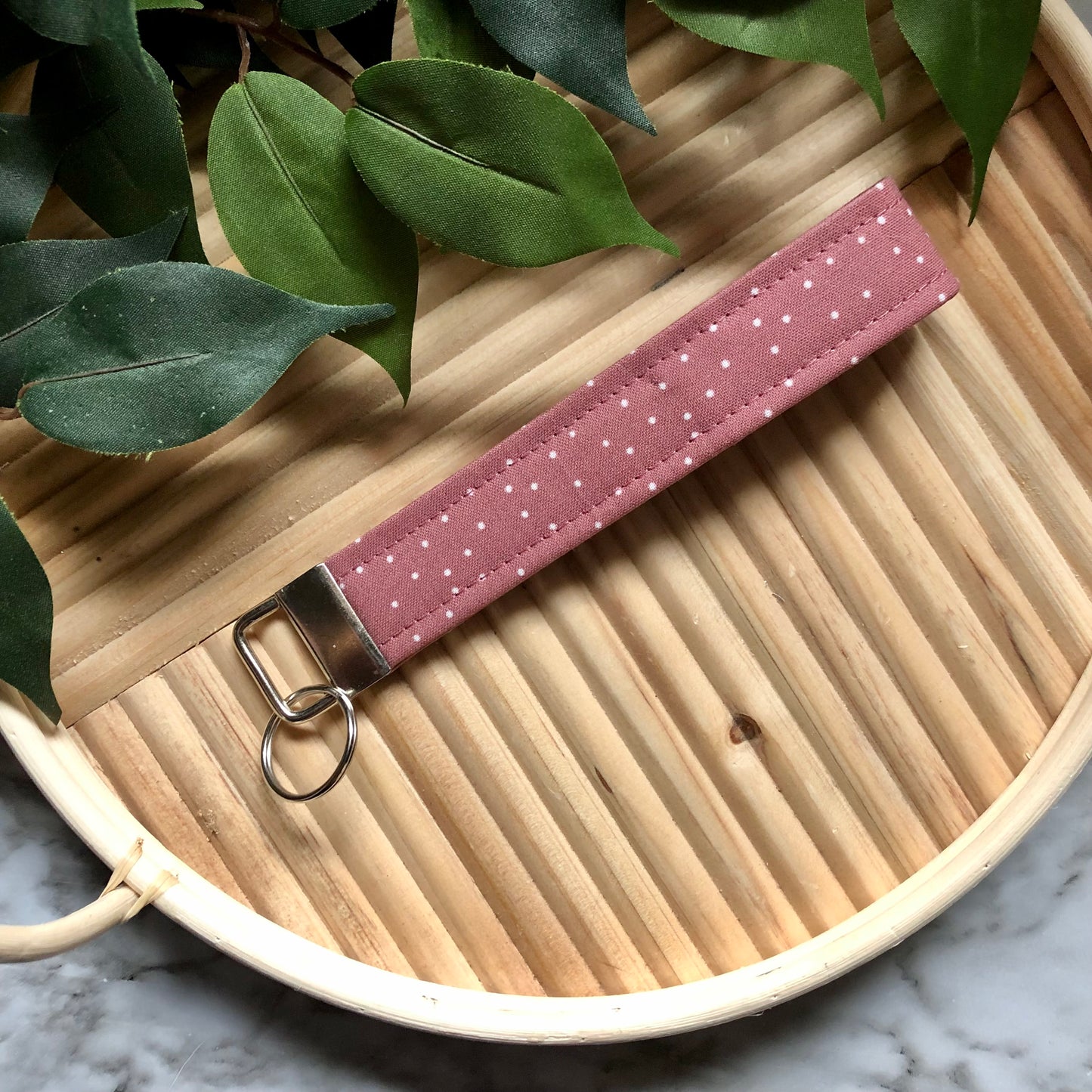 Mauve Tiny Polka Dot Print Fabric Wristlet Keychain, Key Fob