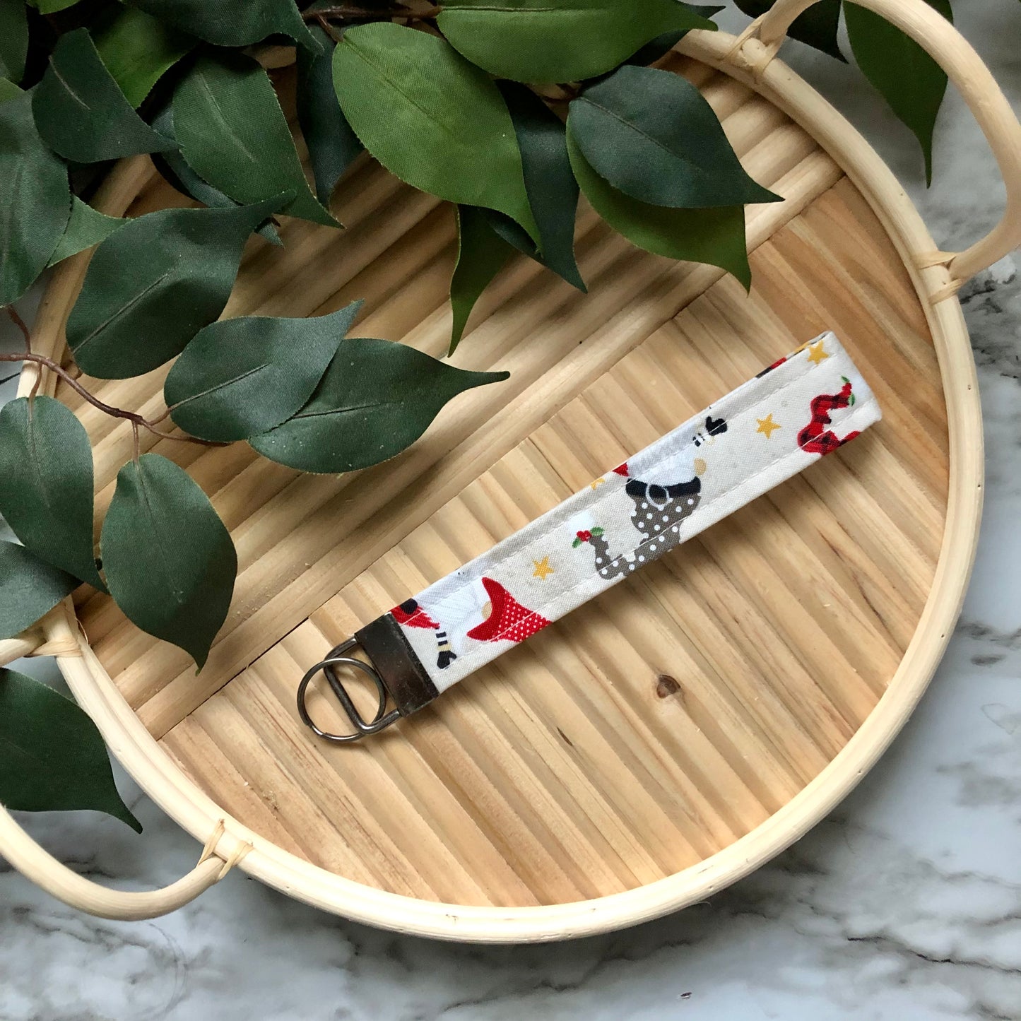 Merry Gnomes Print Fabric Wristlet Keychain, Key Fob