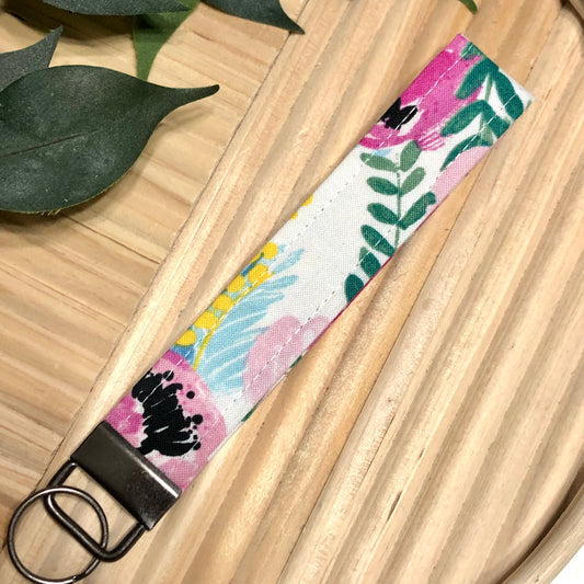 Pink Watercolor Floral Print Fabric Wristlet Keychain, Key Fob
