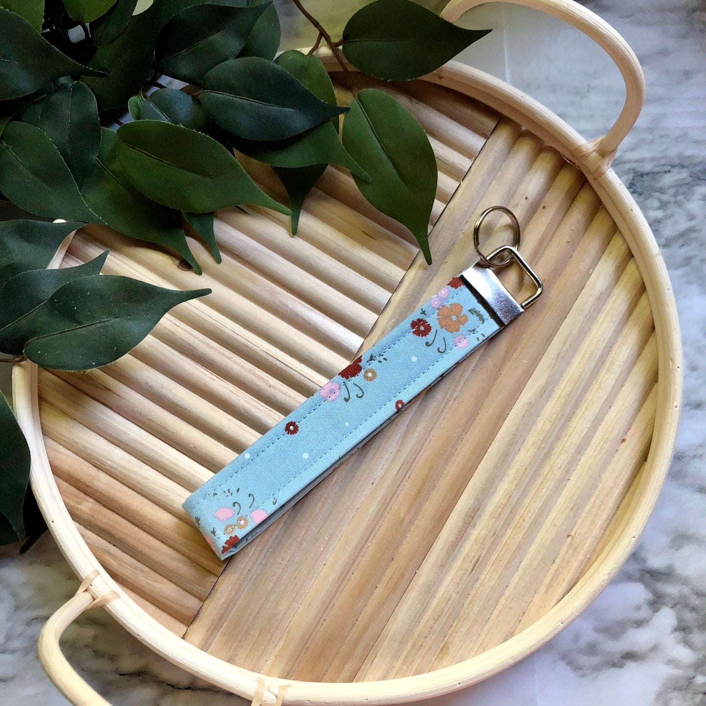 Light Blue Floral Print Fabric Wristlet Keychain, Key Fob