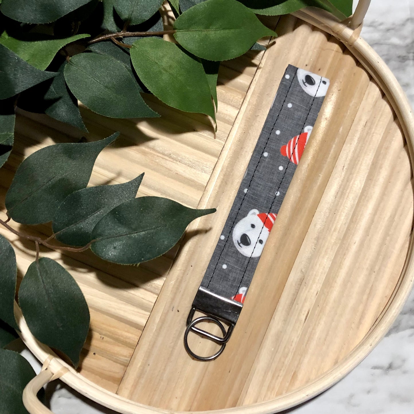 Polar Bear Holiday Print Fabric Wristlet Keychain, Key Fob