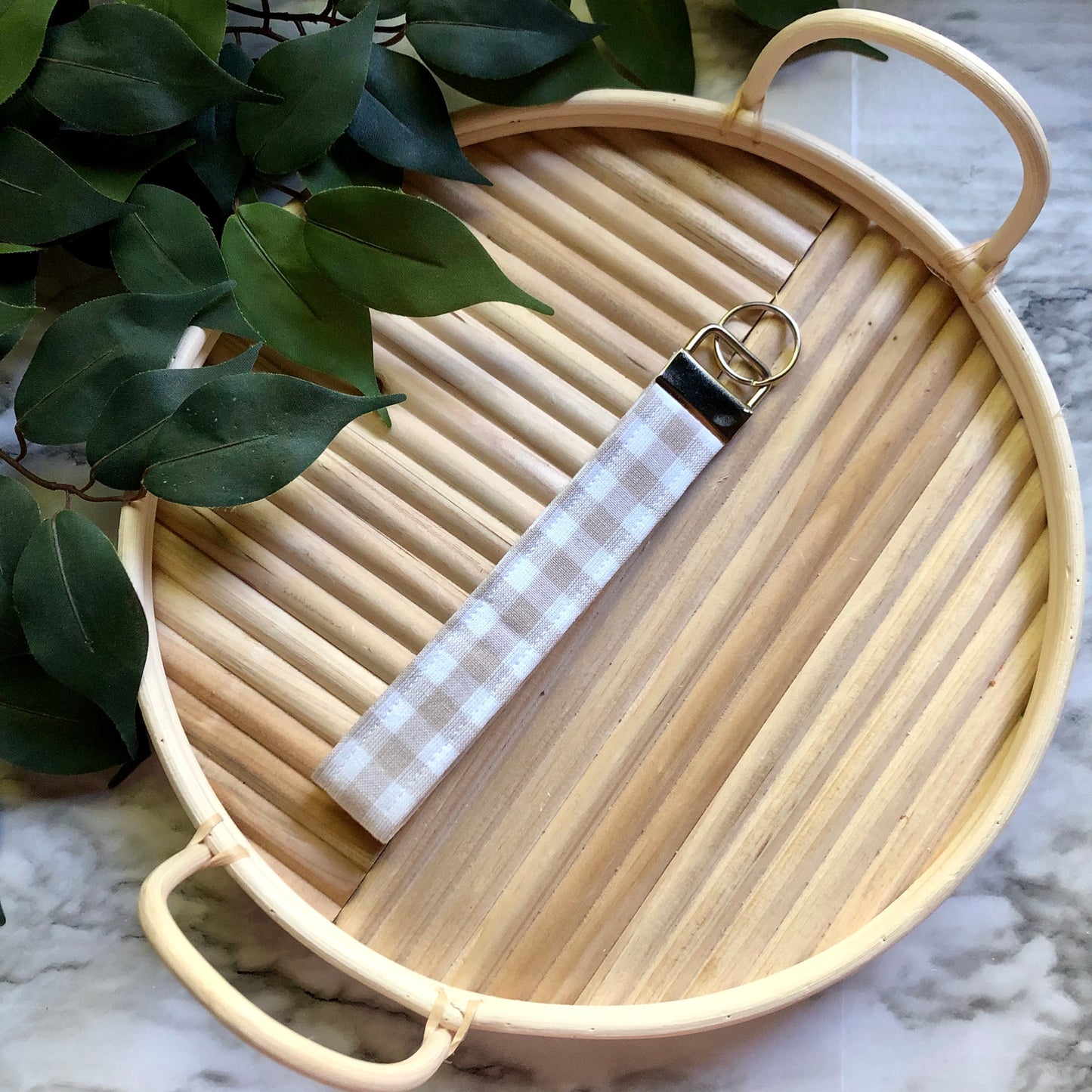 Tan and White Gingham Print Fabric Wristlet Keychain, Key Fob