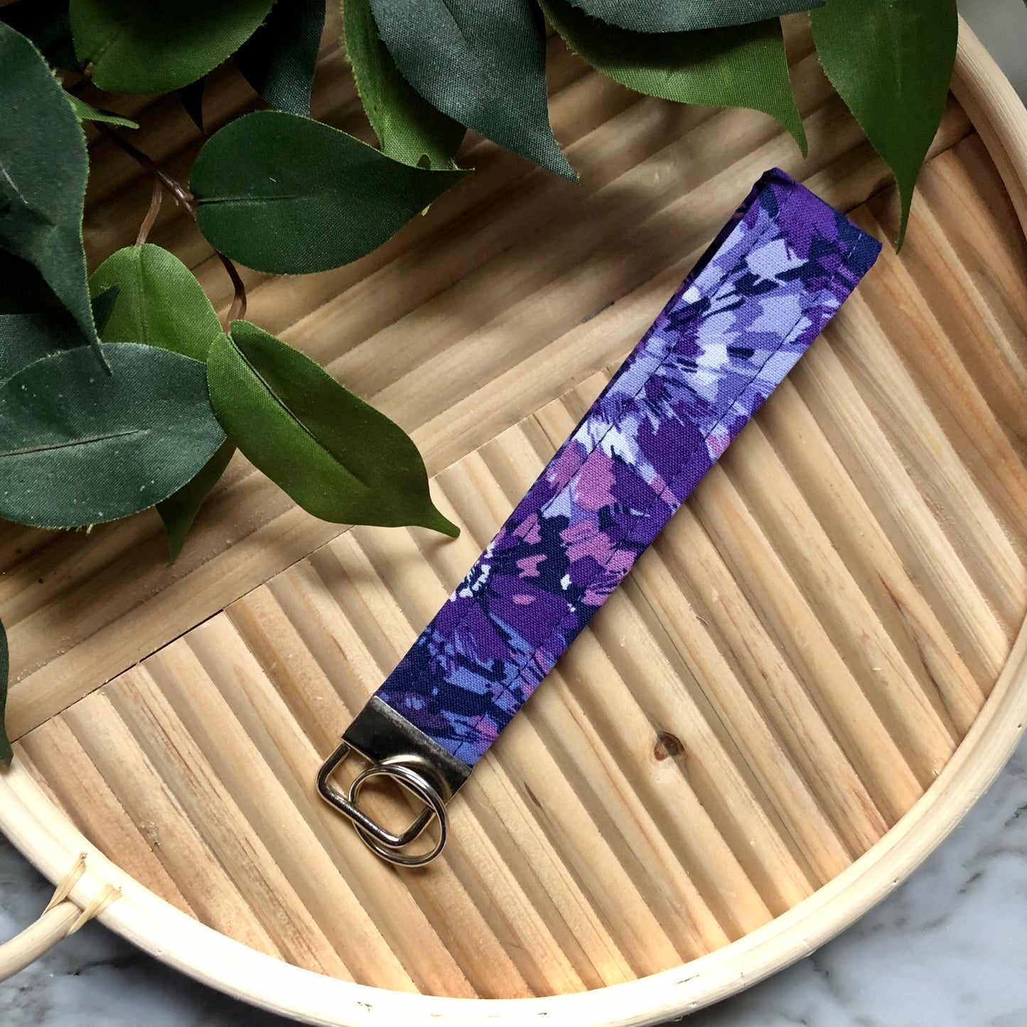 Purple Abstract Floral Print Fabric Wristlet Keychain, Key Fob