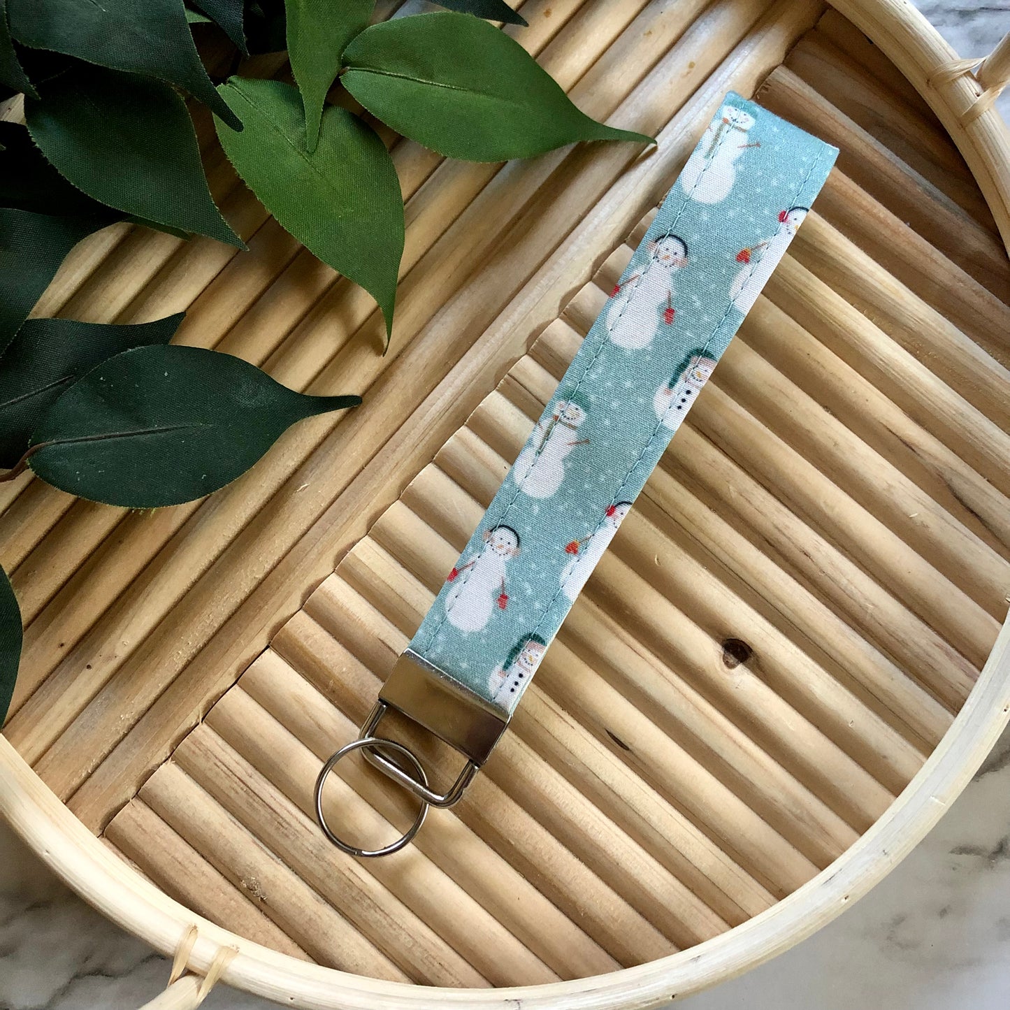 Blue Snowman Print Fabric Keychain, Key Fob