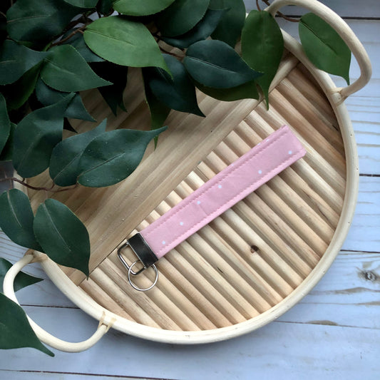 Pink Polka Dot Print Fabric Wristlet Keychain, Key Fob