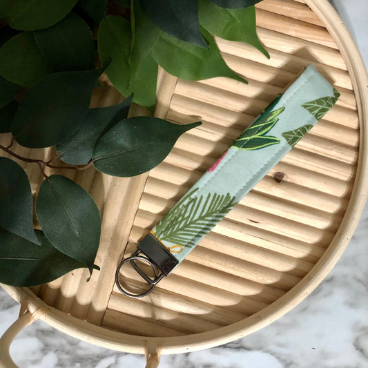 Indoor Plant Print Fabric Wristlet Keychain, Key Fob