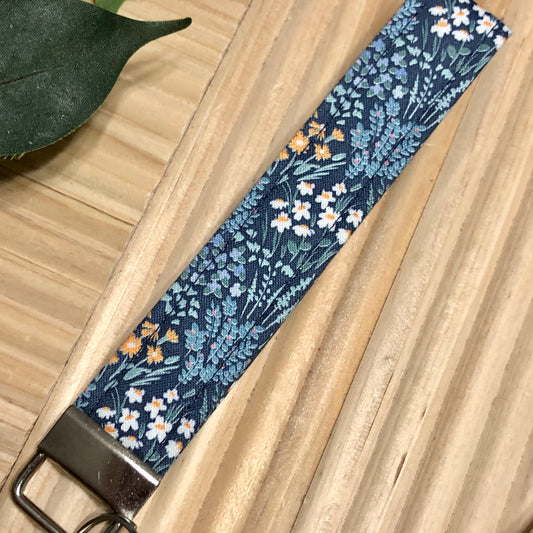 Navy Wildflower Print Fabric Wristlet Keychain, Key Fob