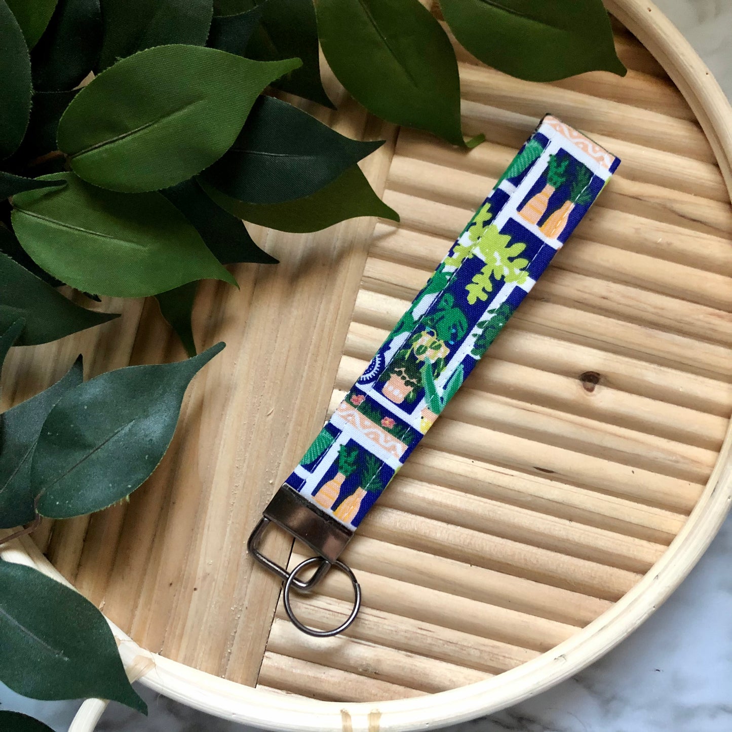 Plant Lover Print Fabric Wristlet Keychain, Key Fob
