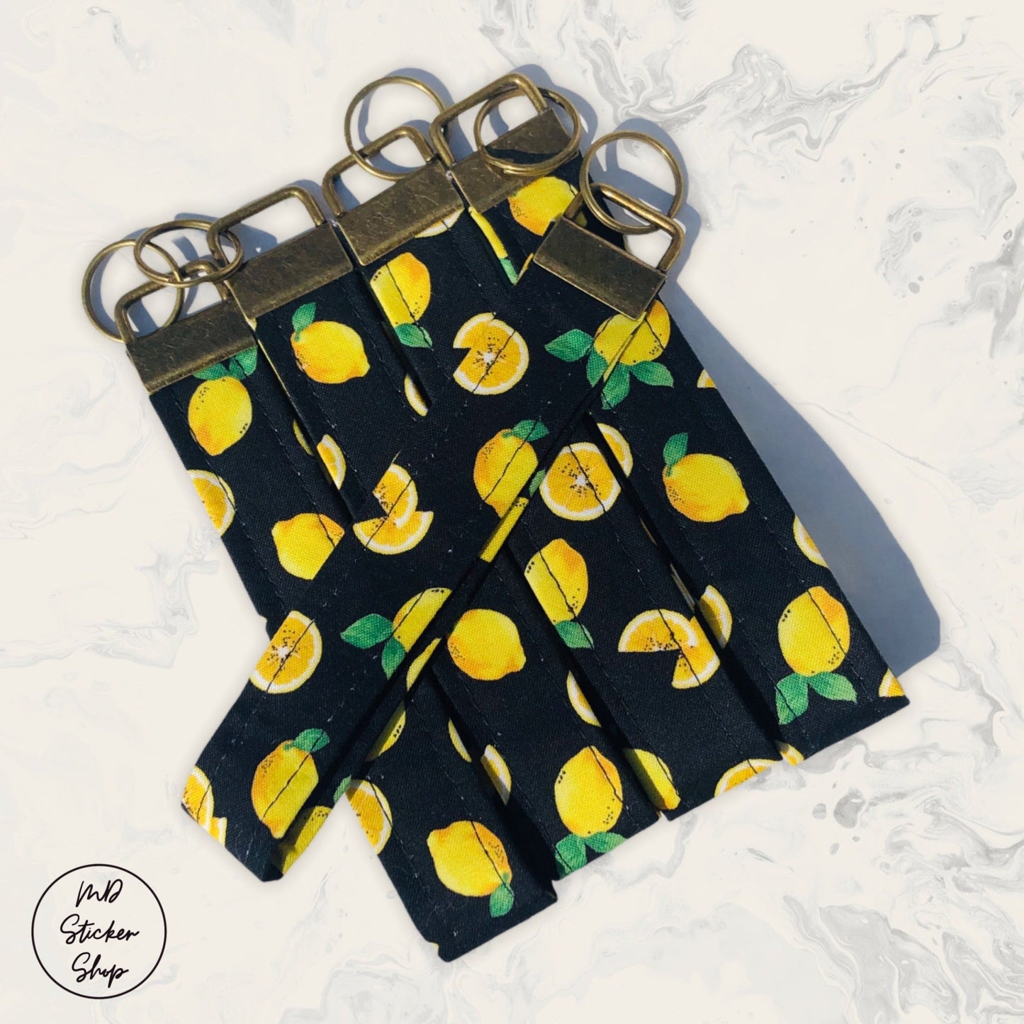 Black Lemon Print Fabric Wristlet Keychain, Key Fob