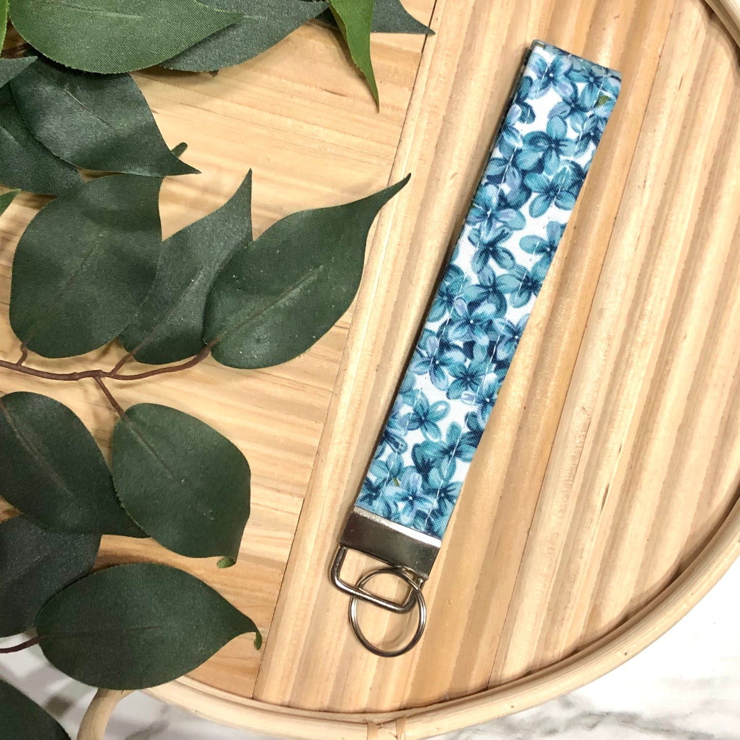 Blue Hydrangea Print Fabric Wristlet Keychain, Key Fob
