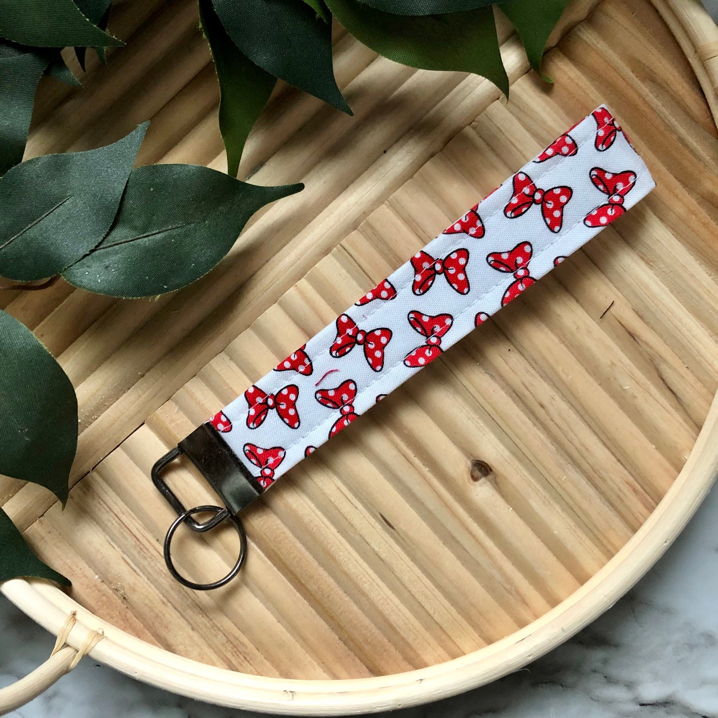 Minnie Mouse Bow Print Fabric Wristlet Keychain, Key Fob
