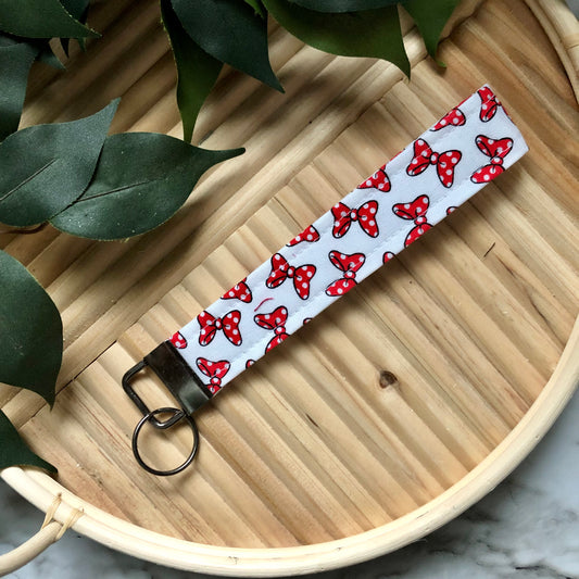 MM Bow Print Fabric Wristlet Keychain, Key Fob